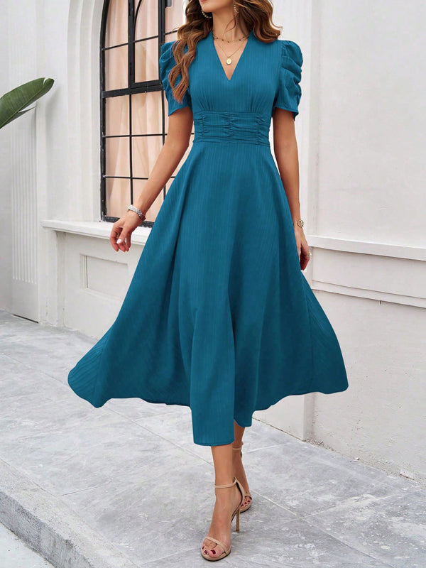 Robe Midi à Col V pour Femmes avec Manches Bouffantes et Taille Froncée 10
