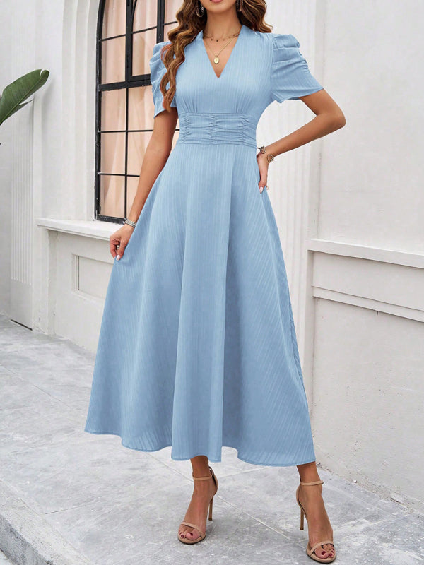 Robe Midi à Col V pour Femmes avec Manches Bouffantes et Taille Froncée 12