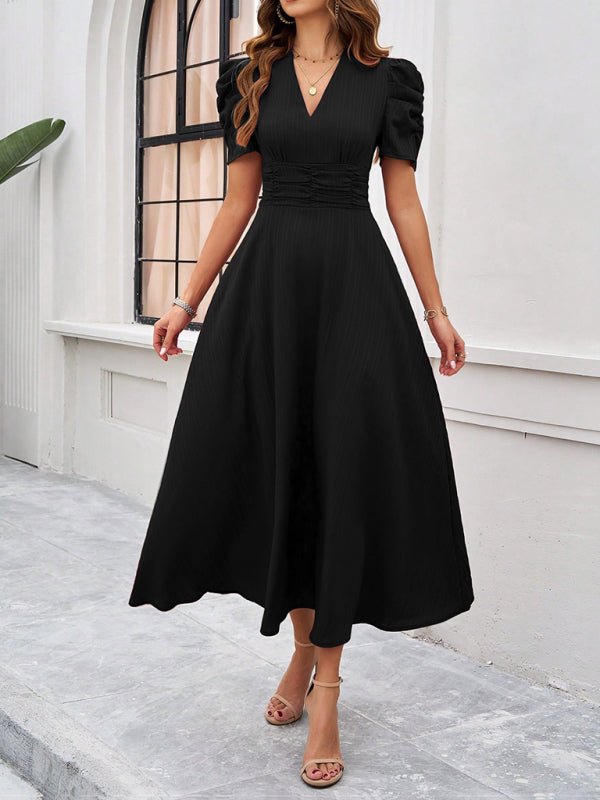 Robe Midi à Col V pour Femmes avec Manches Bouffantes et Taille Froncée 13