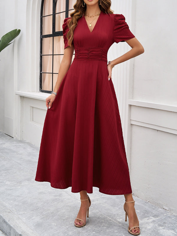 Robe Midi à Col V pour Femmes avec Manches Bouffantes et Taille Froncée 2