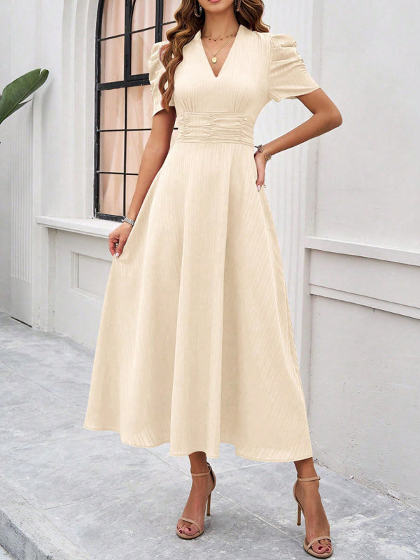 Robe Midi à Col V pour Femmes avec Manches Bouffantes et Taille Froncée 6