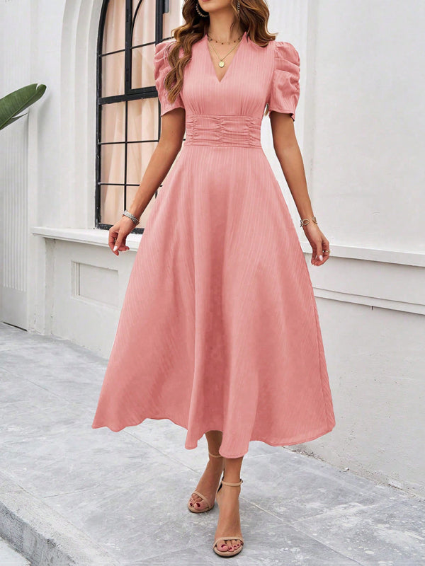 Robe Midi à Col V pour Femmes avec Manches Bouffantes et Taille Froncée 8
