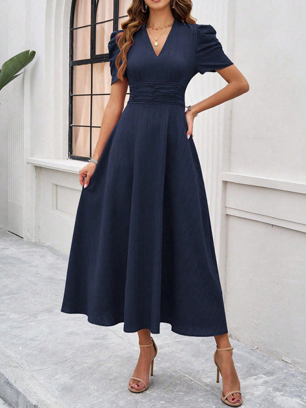 Robe Midi à Col V pour Femmes avec Manches Bouffantes et Taille Froncée 9