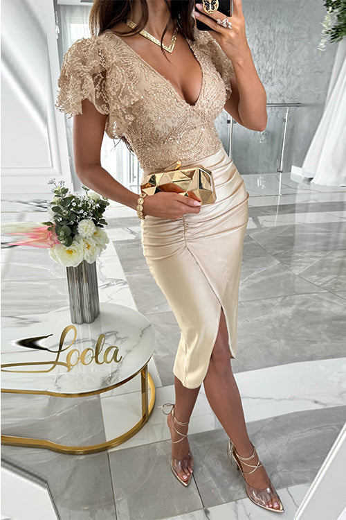 Robe Midi à Paillettes avec Col en V pour Femmes 3