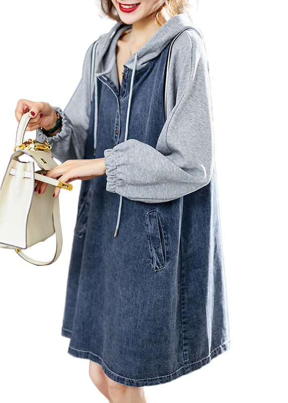 Robe Midi en Jean à Capuche pour Femme avec Poches et Boutons 0