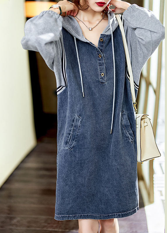 Robe Midi en Jean à Capuche pour Femme avec Poches et Boutons 4