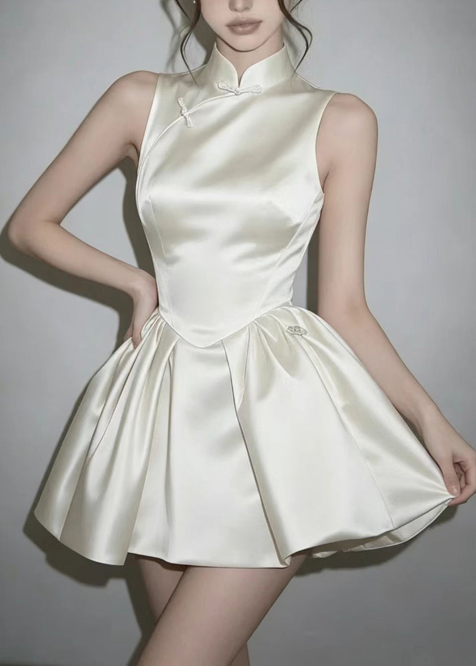 Robe Mini Femme Col Montant Style Chinois Sans Manches 1