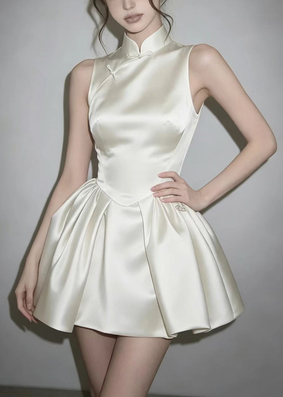 Robe Mini Femme Col Montant Style Chinois Sans Manches 2