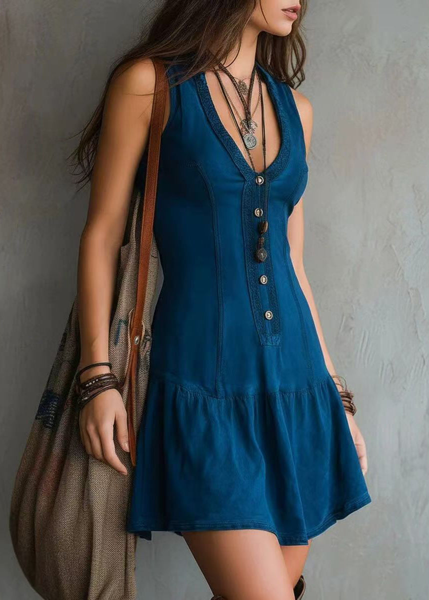 Robe Mini Femme Denim Vintage Col en U Boutonnée Sans Manches 1