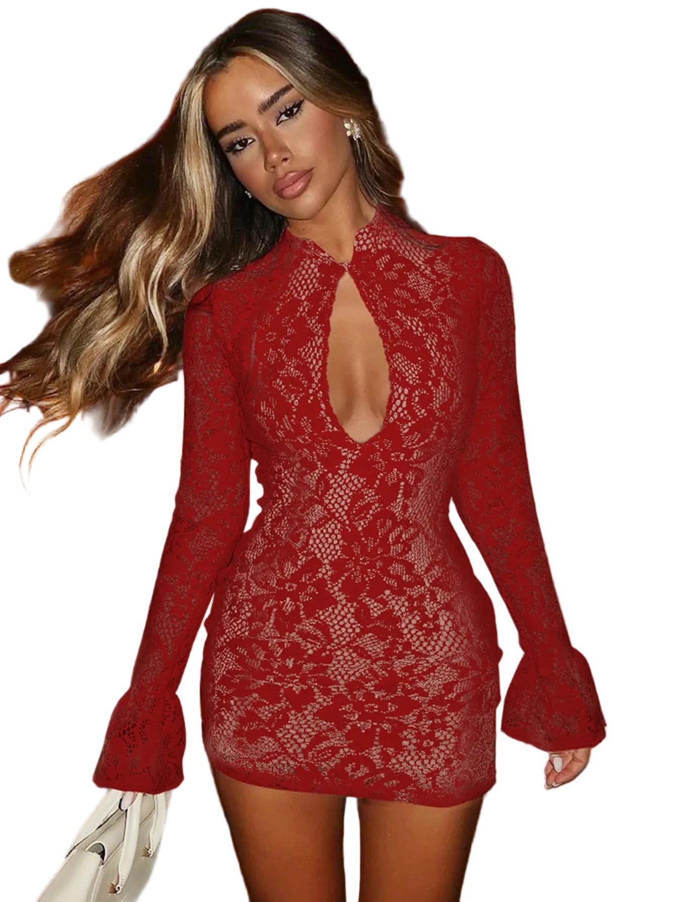 Robe Mini Femme à Col Roulé et Manches Longues Évasées 3