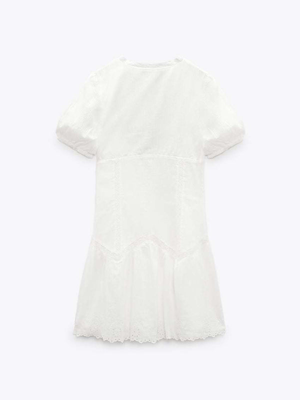 Robe Mini Femme à Manches Bouffantes V-Cou Découpe Taille Broderie 3