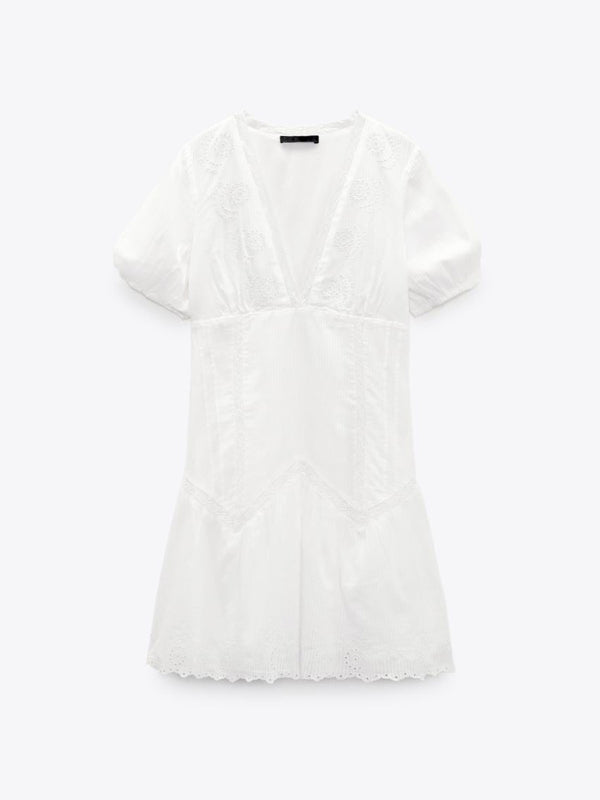 Robe Mini Femme à Manches Bouffantes V-Cou Découpe Taille Broderie 4