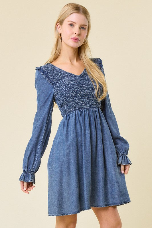Robe Mini à Encolure en V en Denim Foncé 1