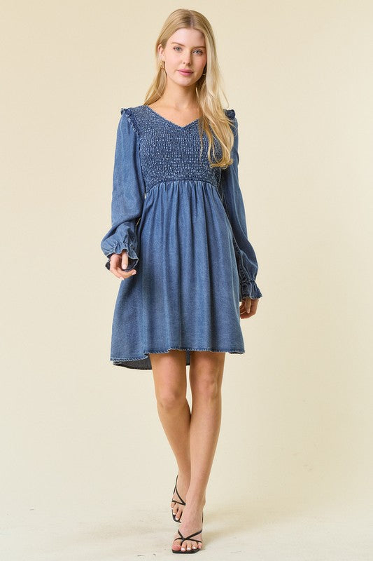 Robe Mini à Encolure en V en Denim Foncé 4