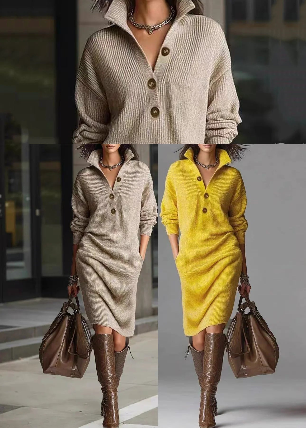 Robe Pull Femme Décontractée Col Boutonné et Rabattu Automne 4