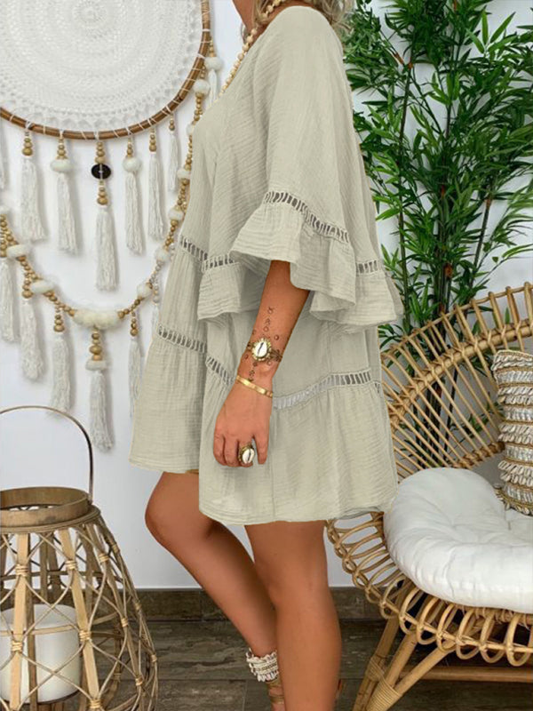 Robe Tunique Femme à Manches 3/4 en Coton Lin à Col V 6