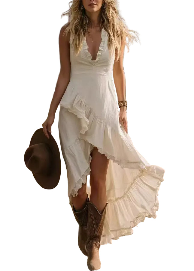 Robe asymétrique à volants pour femme col en V sans manches 0