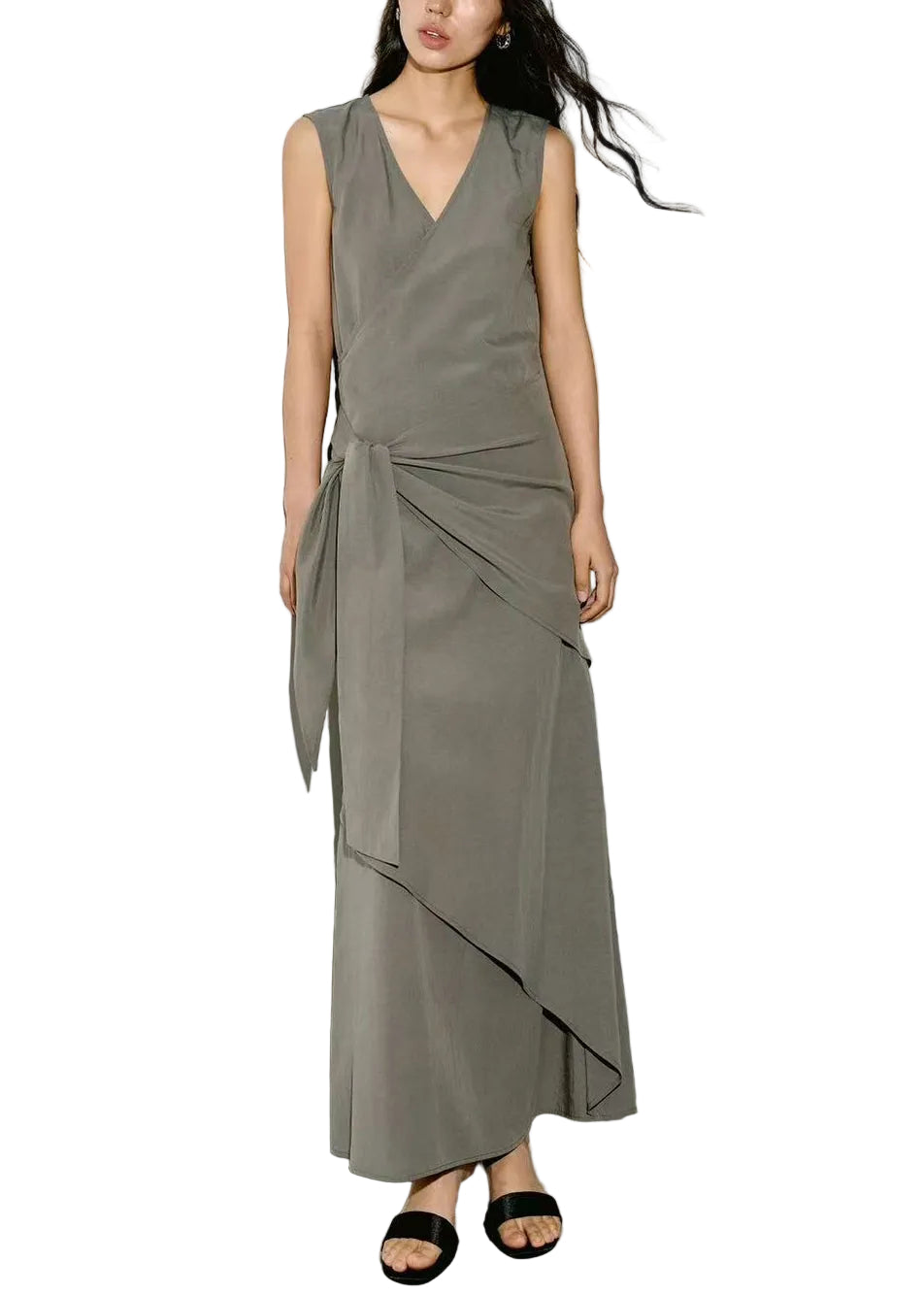 Robe asymétrique femme à col en V et taille nouée sans manches 0