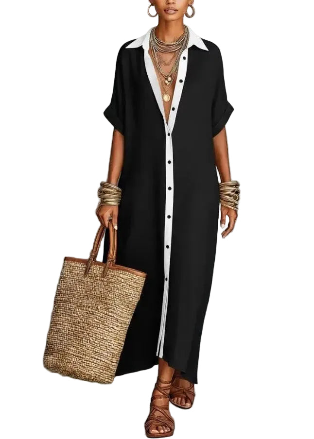 Robe chemise longue femme style bohème col Claudine 0