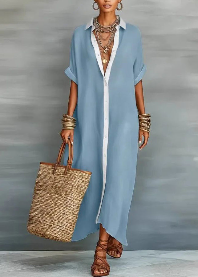 Robe chemise longue femme style bohème col Claudine 1