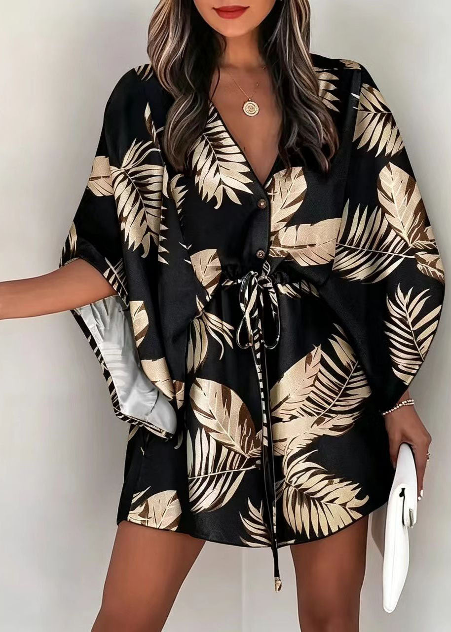Robe courte ample à nouer manches chauve-souris pour femme 1