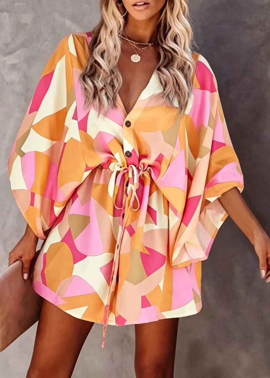 Robe courte ample à nouer manches chauve-souris pour femme 2