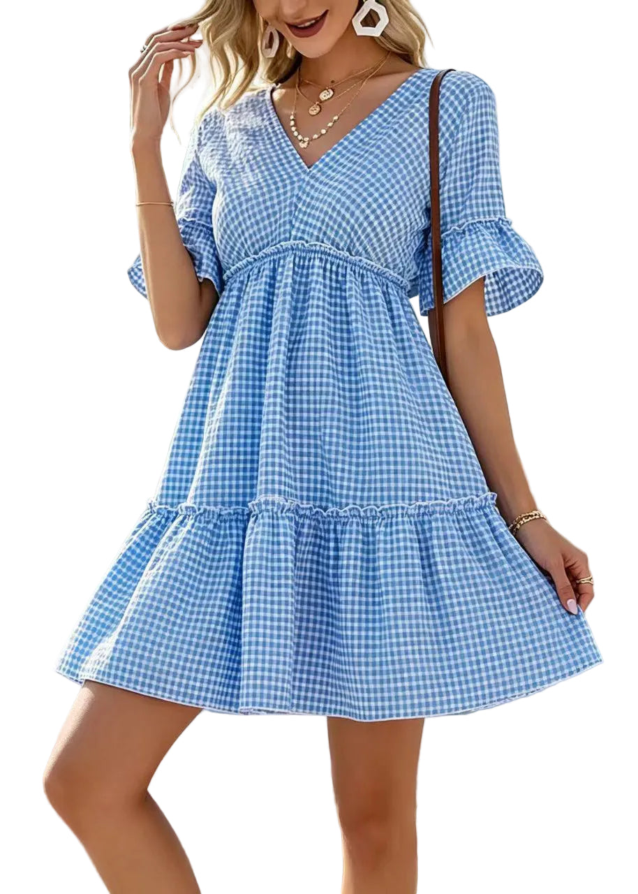 Robe courte femme à carreaux col en V à lacets 0