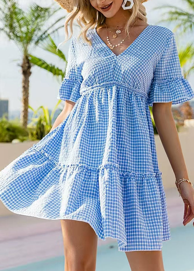 Robe courte femme à carreaux col en V à lacets 1