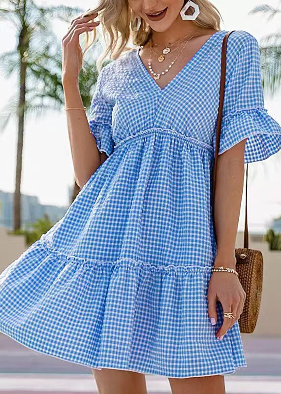 Robe courte femme à carreaux col en V à lacets 2