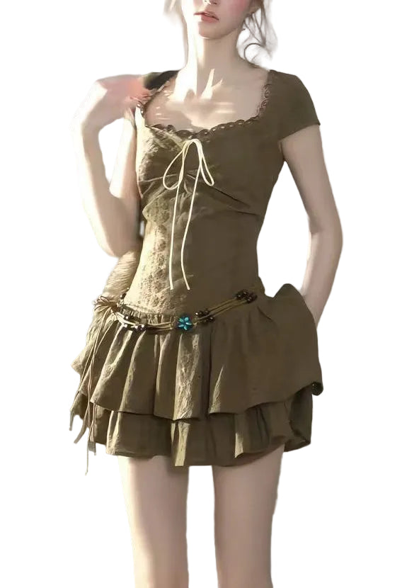 Robe courte femme à col carré superposée vintage manches courtes 0