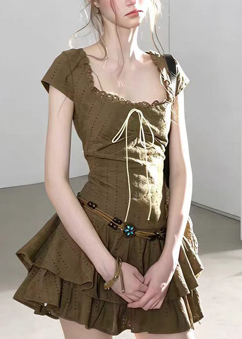 Robe courte femme à col carré superposée vintage manches courtes 2