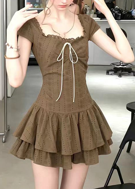 Robe courte femme à col carré superposée vintage manches courtes 4