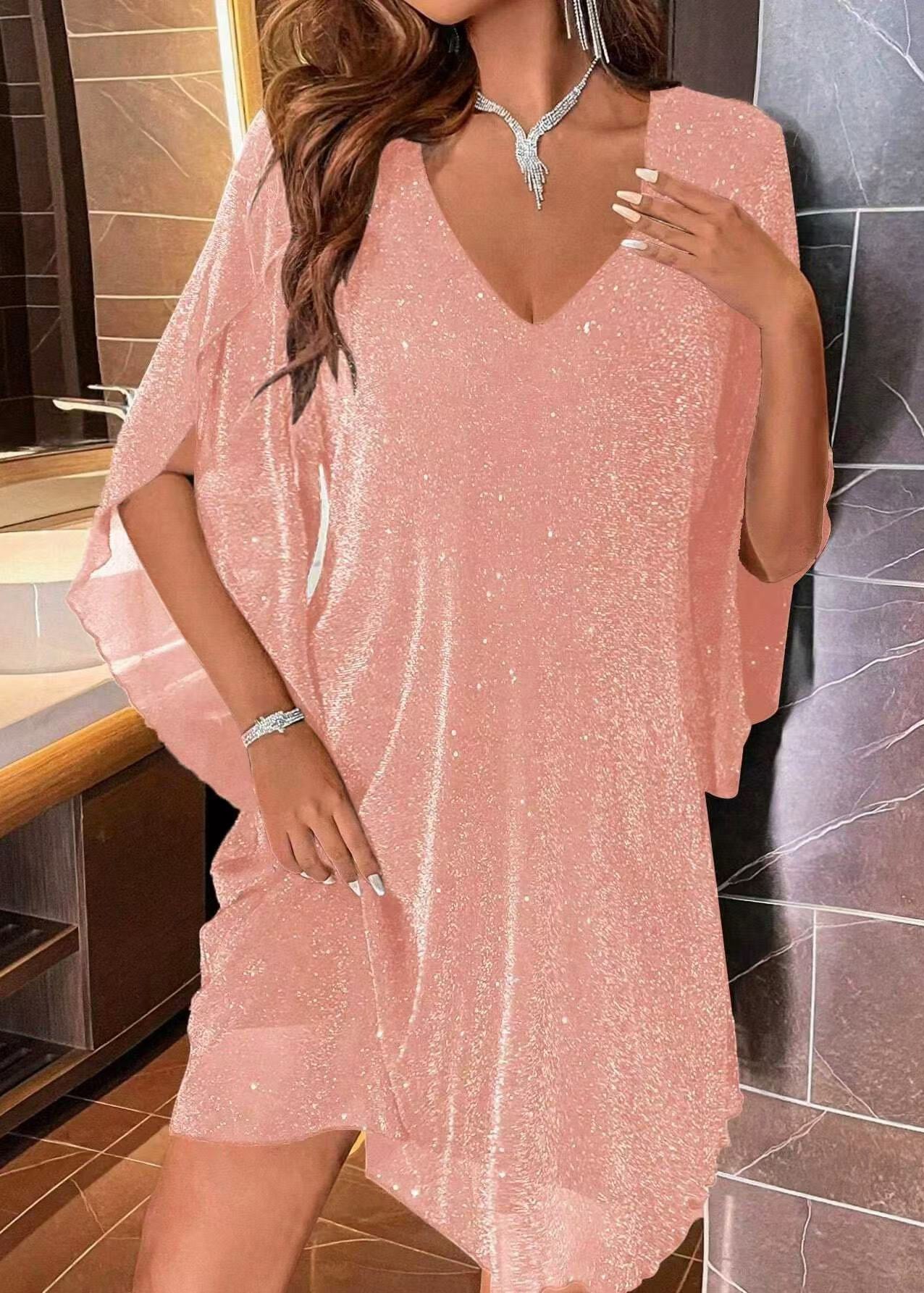 Robe courte femme à col en V et manches cape 0