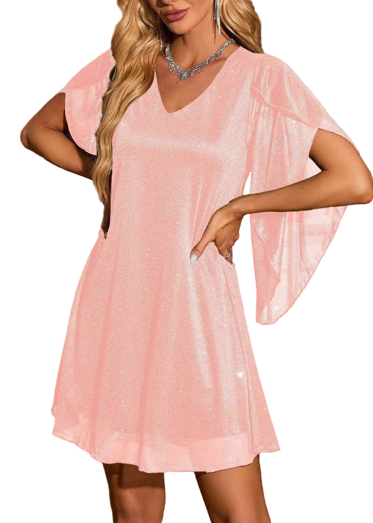 Robe courte femme à col en V et manches cape 1