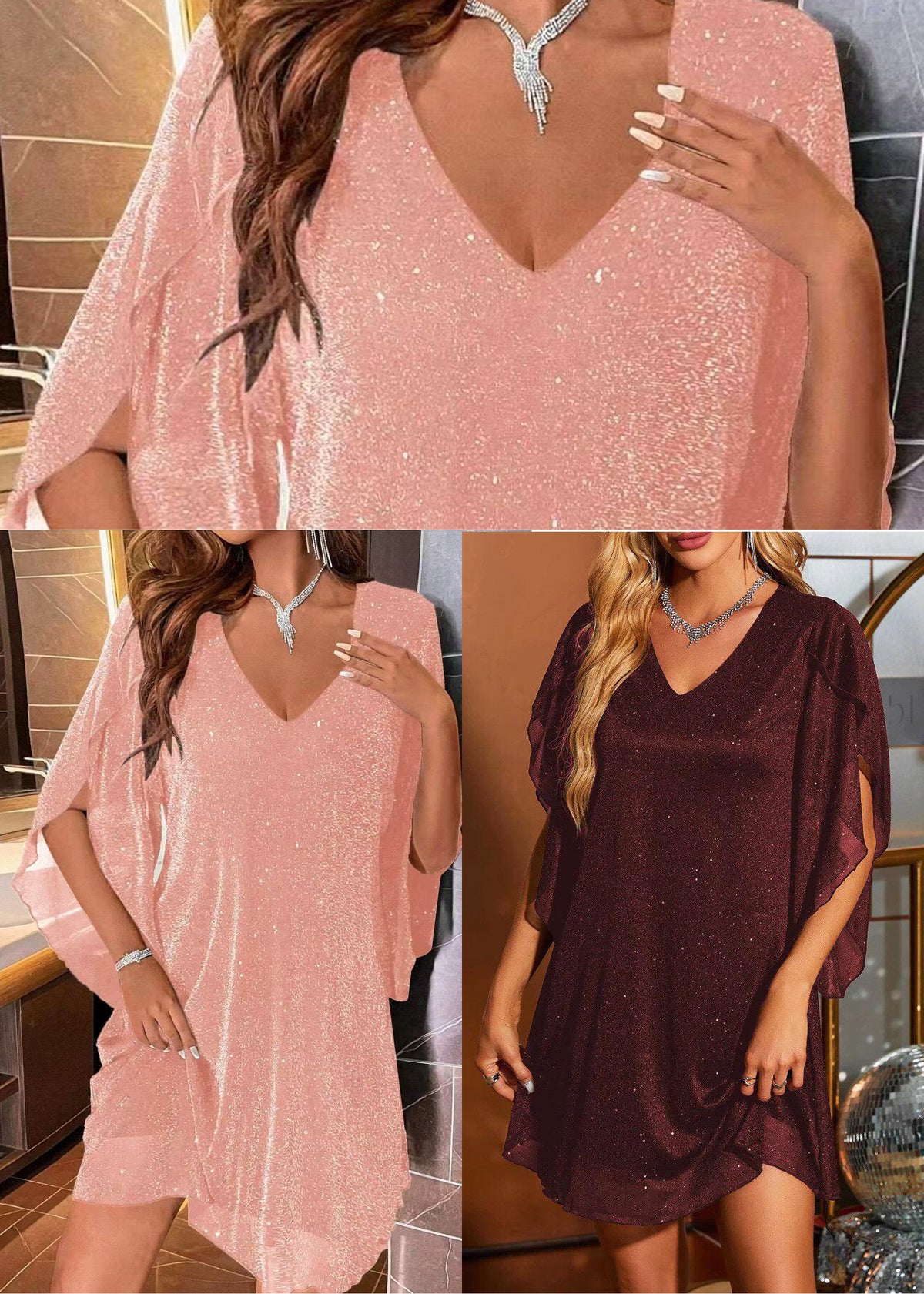 Robe courte femme à col en V et manches cape 4