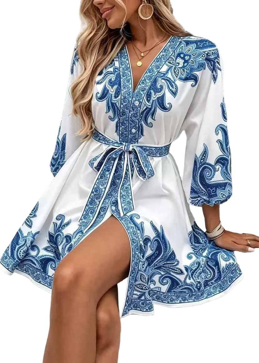 Robe courte femme à nouer imprimée estivale 0