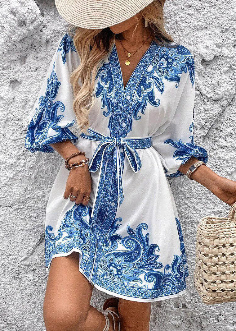 Robe courte femme à nouer imprimée estivale 2