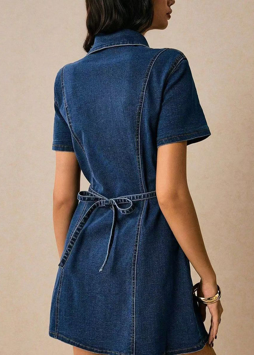 Robe courte femme col Peter Pan avec cravate à la taille manches courtes 4