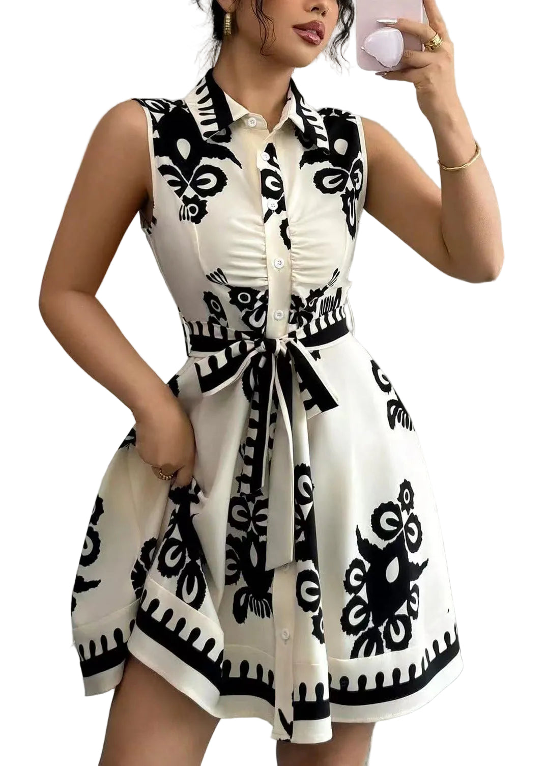 Robe courte femme col claudine imprimé artistique 0