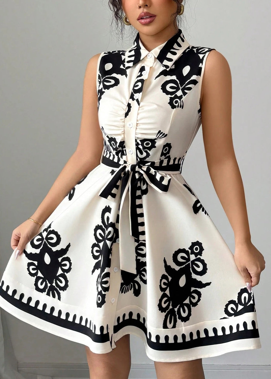 Robe courte femme col claudine imprimé artistique 1