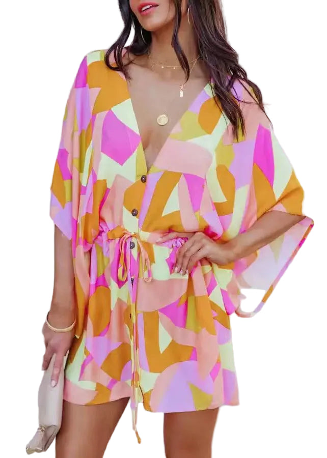 Robe courte femme manches chauve-souris imprimée 0