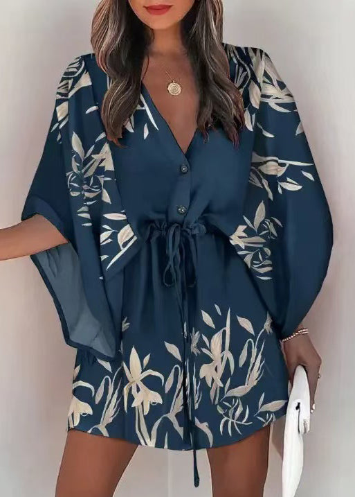 Robe courte femme manches chauve-souris imprimée 1