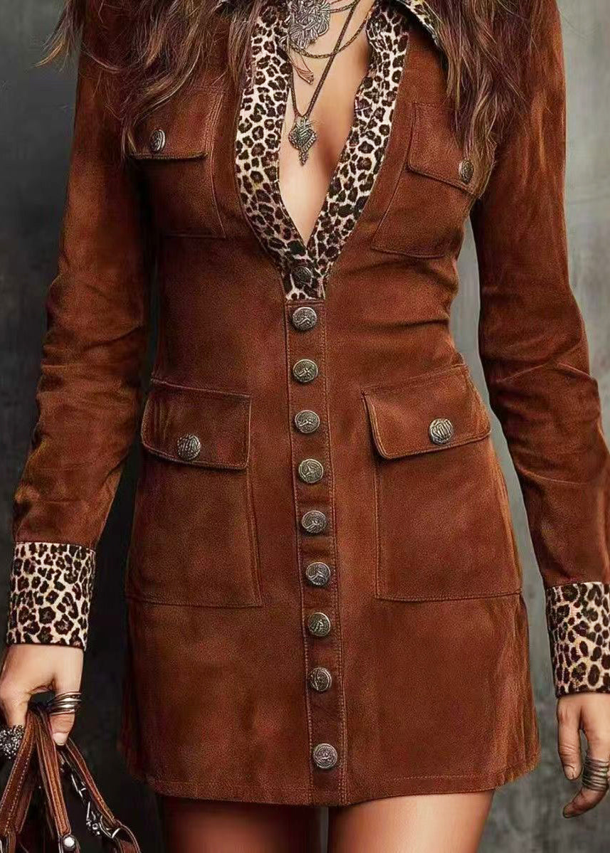 Robe courte femme patchwork léopard col Peter Pan automnale 3