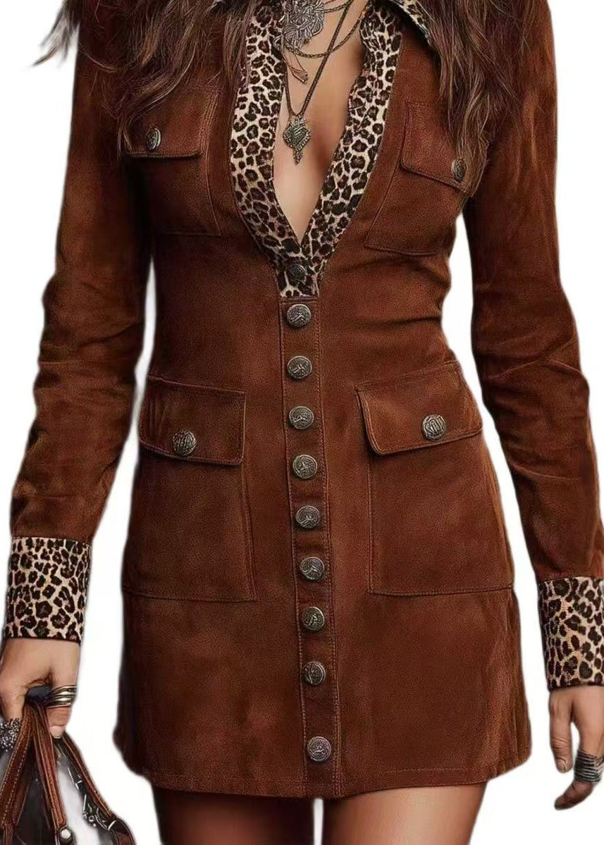 Robe courte femme patchwork léopard col Peter Pan automnale 4