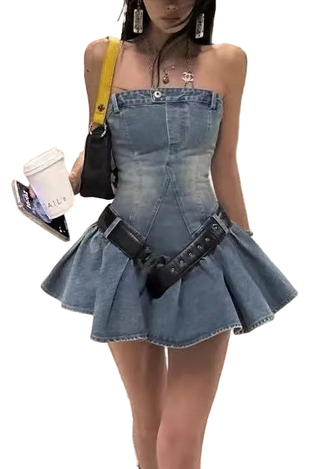 Robe courte femme sans bretelles style denim estival 0