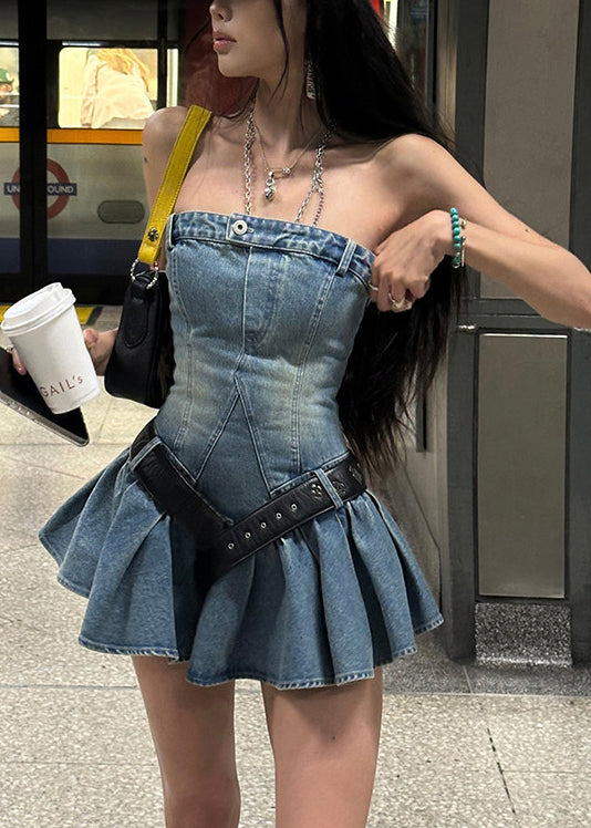 Robe courte femme sans bretelles style denim estival 2