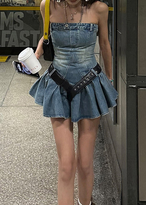 Robe courte femme sans bretelles style denim estival 3
