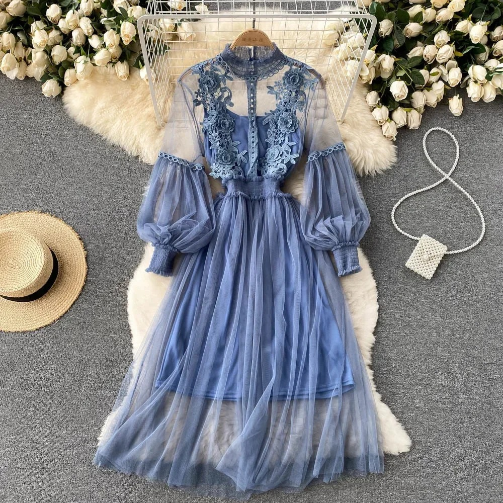 Robe d'Automne Femme Col Montant et Manches Lanternes 0