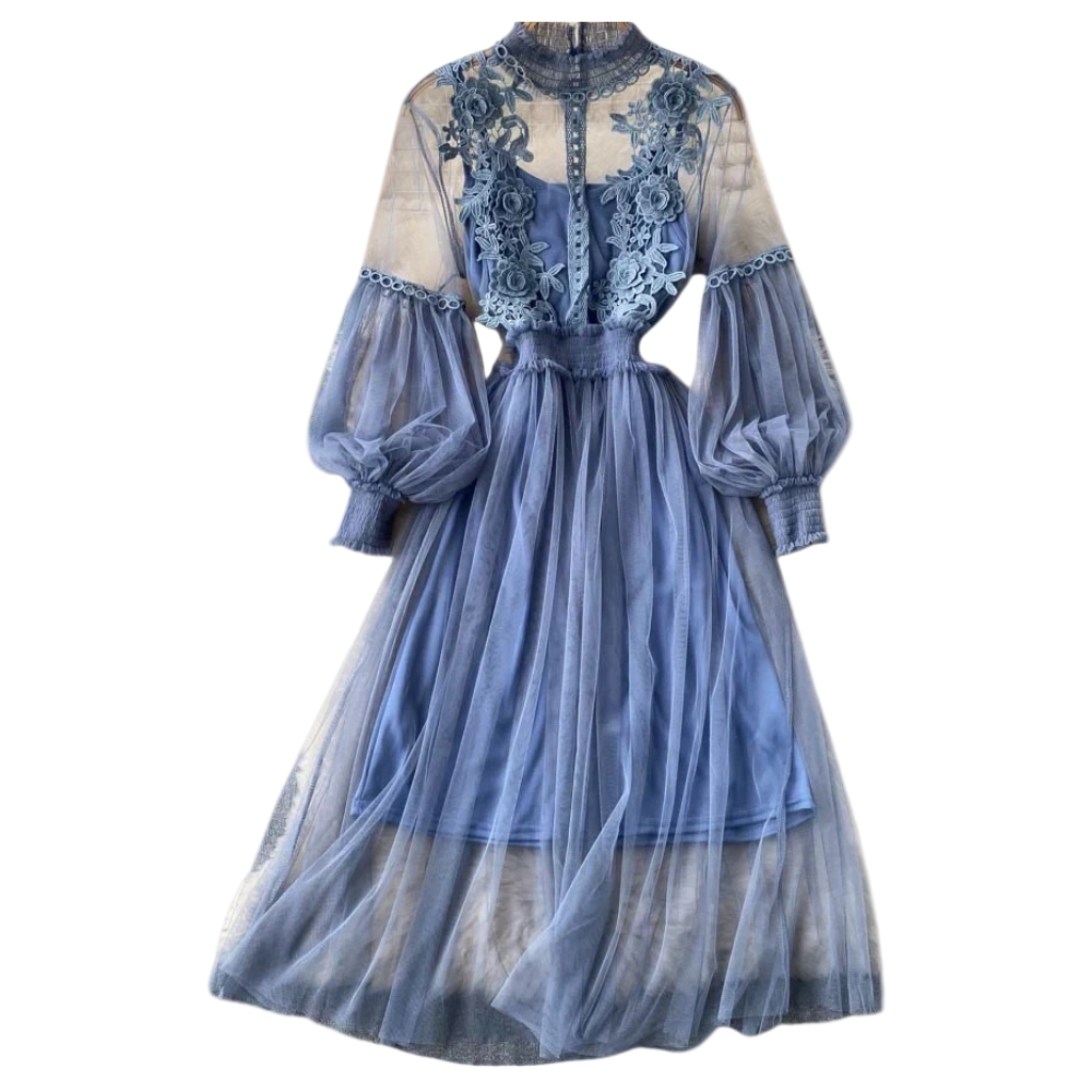 Robe d'Automne Femme Col Montant et Manches Lanternes 4