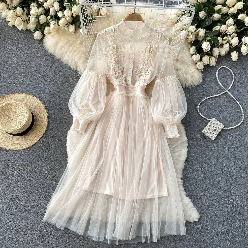 Robe d'Automne Femme Col Montant et Manches Lanternes 5